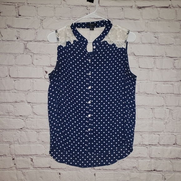 FOREVER 21 Polka Dot Button Down Lace Trim Blouse - Picture 1 of 5